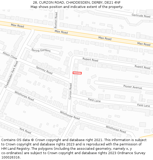 28, CURZON ROAD, CHADDESDEN, DERBY, DE21 4NF: Location map and indicative extent of plot