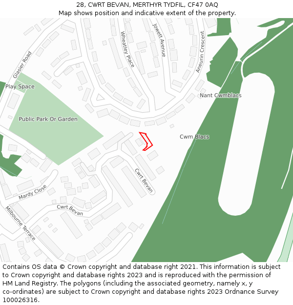 28, CWRT BEVAN, MERTHYR TYDFIL, CF47 0AQ: Location map and indicative extent of plot