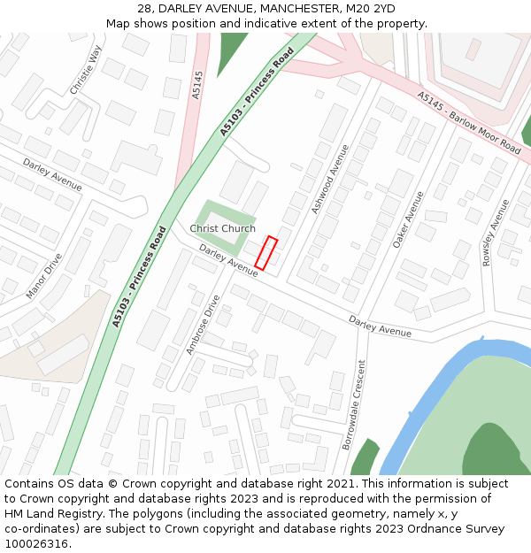 28, DARLEY AVENUE, MANCHESTER, M20 2YD: Location map and indicative extent of plot