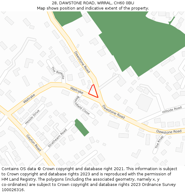 28, DAWSTONE ROAD, WIRRAL, CH60 0BU: Location map and indicative extent of plot