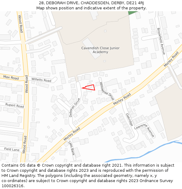 28, DEBORAH DRIVE, CHADDESDEN, DERBY, DE21 4RJ: Location map and indicative extent of plot