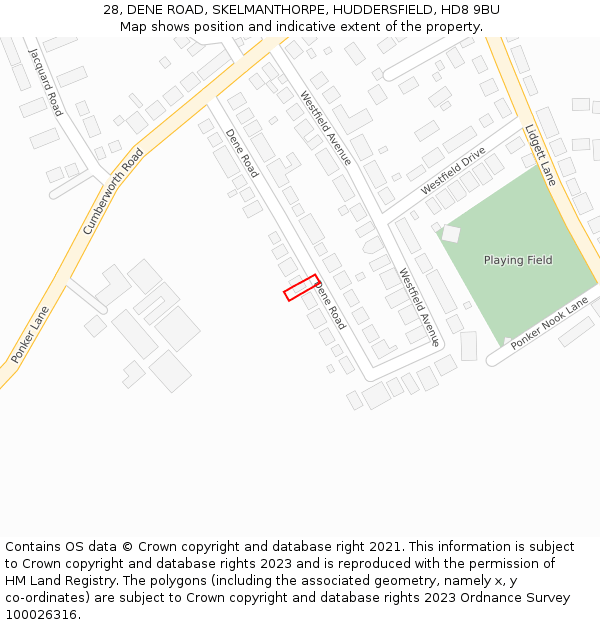 28, DENE ROAD, SKELMANTHORPE, HUDDERSFIELD, HD8 9BU: Location map and indicative extent of plot