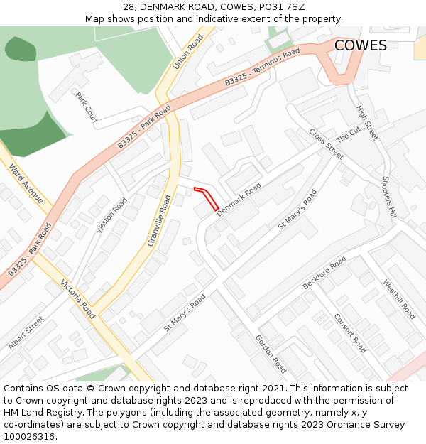 28, DENMARK ROAD, COWES, PO31 7SZ: Location map and indicative extent of plot