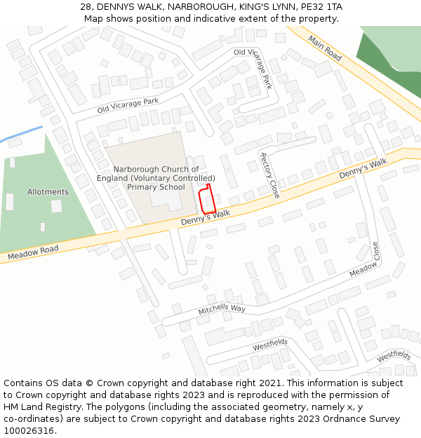 28, DENNYS WALK, NARBOROUGH, KING'S LYNN, PE32 1TA: Location map and indicative extent of plot