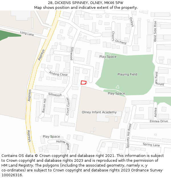 28, DICKENS SPINNEY, OLNEY, MK46 5PW: Location map and indicative extent of plot