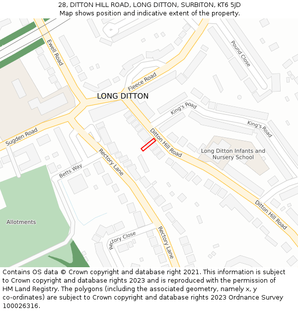 28, DITTON HILL ROAD, LONG DITTON, SURBITON, KT6 5JD: Location map and indicative extent of plot