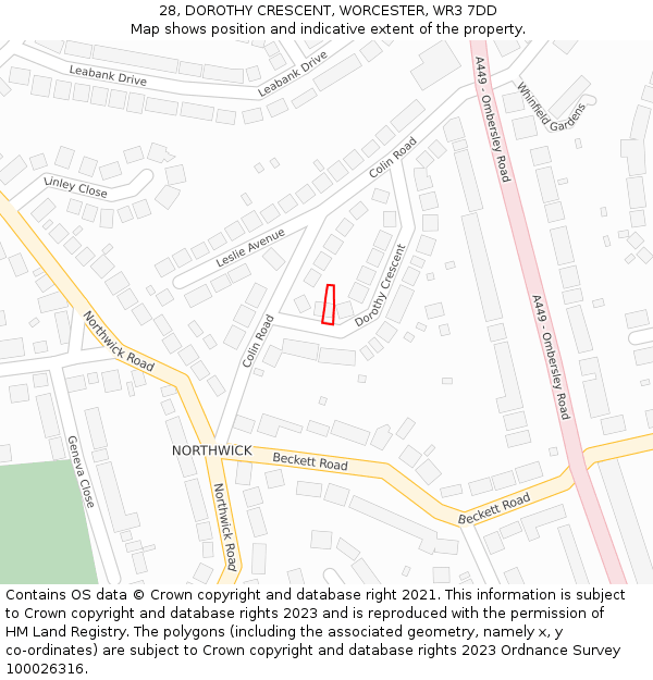28, DOROTHY CRESCENT, WORCESTER, WR3 7DD: Location map and indicative extent of plot