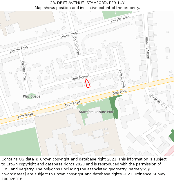 28, DRIFT AVENUE, STAMFORD, PE9 1UY: Location map and indicative extent of plot
