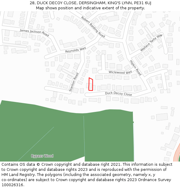 28, DUCK DECOY CLOSE, DERSINGHAM, KING'S LYNN, PE31 6UJ: Location map and indicative extent of plot