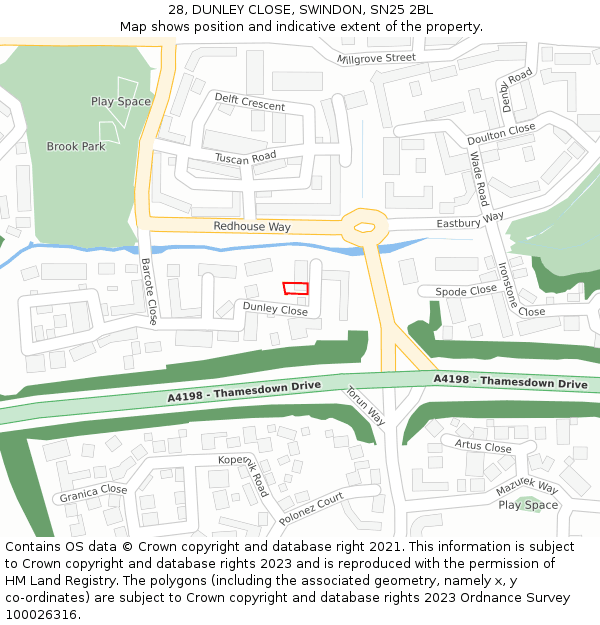 28, DUNLEY CLOSE, SWINDON, SN25 2BL: Location map and indicative extent of plot