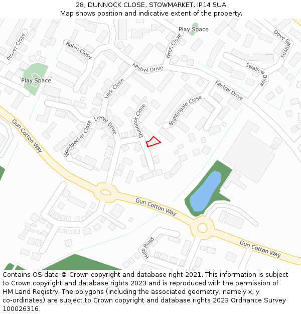 28, DUNNOCK CLOSE, STOWMARKET, IP14 5UA: Location map and indicative extent of plot