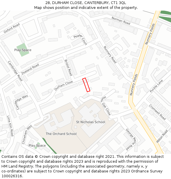 28, DURHAM CLOSE, CANTERBURY, CT1 3QL: Location map and indicative extent of plot
