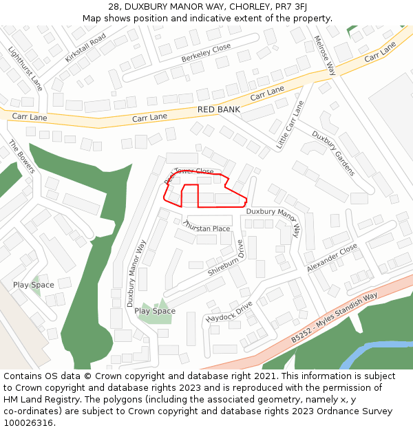 28, DUXBURY MANOR WAY, CHORLEY, PR7 3FJ: Location map and indicative extent of plot