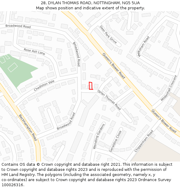 28, DYLAN THOMAS ROAD, NOTTINGHAM, NG5 5UA: Location map and indicative extent of plot