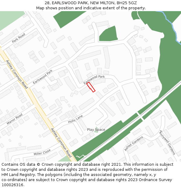 28, EARLSWOOD PARK, NEW MILTON, BH25 5GZ: Location map and indicative extent of plot