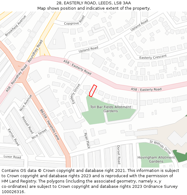 28, EASTERLY ROAD, LEEDS, LS8 3AA: Location map and indicative extent of plot