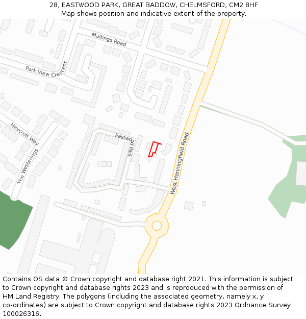 28, EASTWOOD PARK, GREAT BADDOW, CHELMSFORD, CM2 8HF: Location map and indicative extent of plot