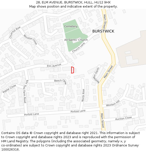 28, ELM AVENUE, BURSTWICK, HULL, HU12 9HX: Location map and indicative extent of plot