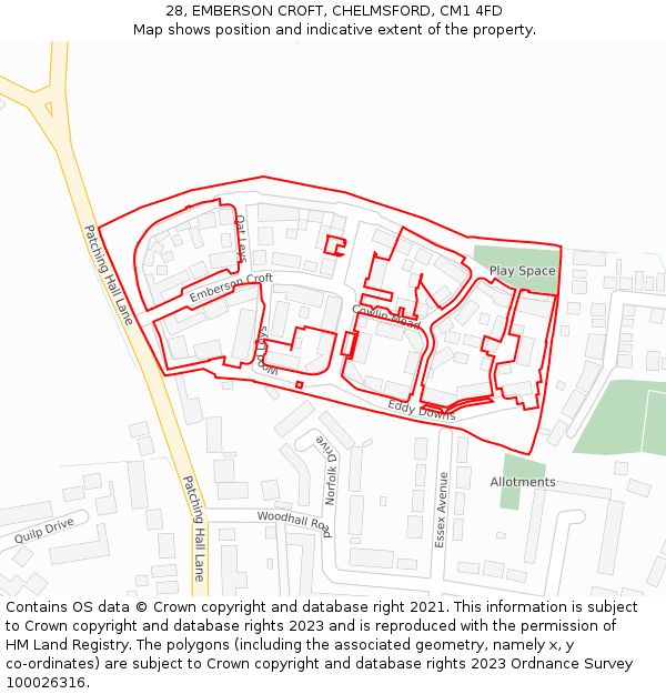 28, EMBERSON CROFT, CHELMSFORD, CM1 4FD: Location map and indicative extent of plot