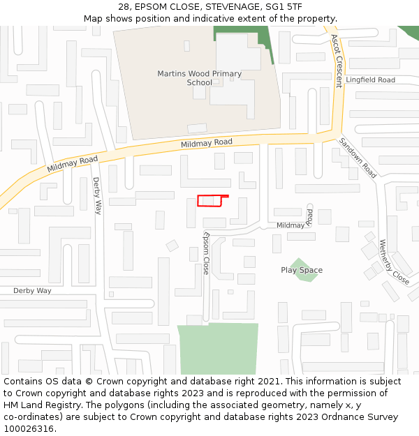 28, EPSOM CLOSE, STEVENAGE, SG1 5TF: Location map and indicative extent of plot