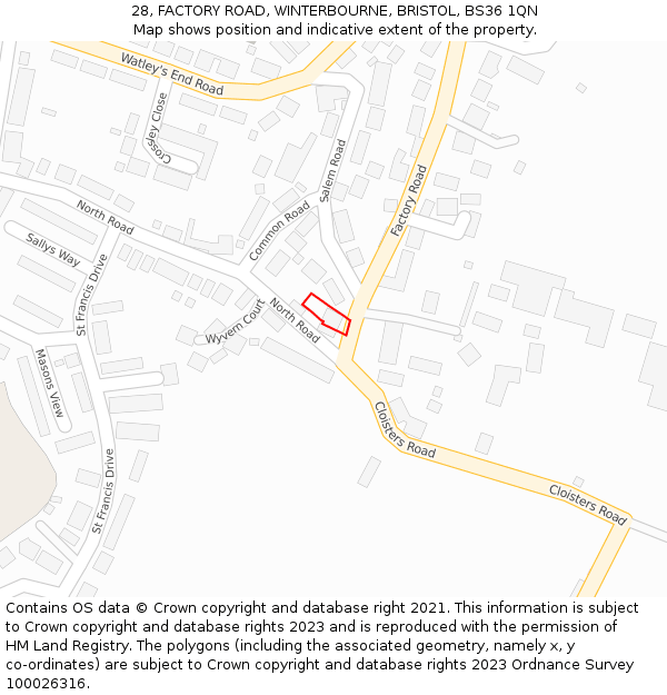 28, FACTORY ROAD, WINTERBOURNE, BRISTOL, BS36 1QN: Location map and indicative extent of plot