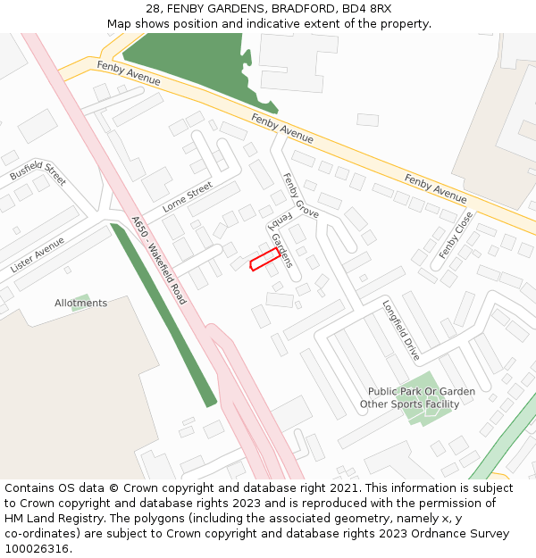 28, FENBY GARDENS, BRADFORD, BD4 8RX: Location map and indicative extent of plot