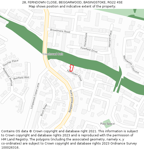 28, FERNDOWN CLOSE, BEGGARWOOD, BASINGSTOKE, RG22 4SE: Location map and indicative extent of plot