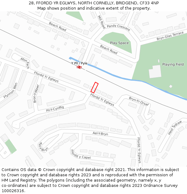 28, FFORDD YR EGLWYS, NORTH CORNELLY, BRIDGEND, CF33 4NP: Location map and indicative extent of plot