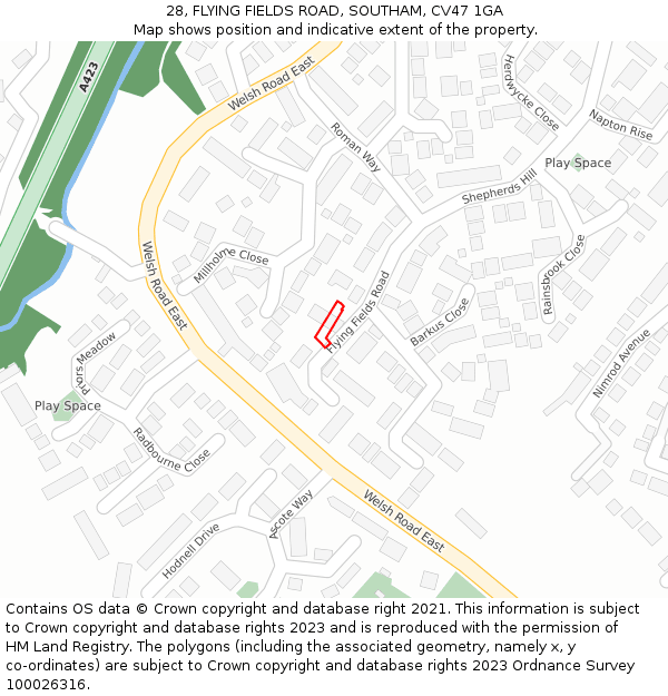 28, FLYING FIELDS ROAD, SOUTHAM, CV47 1GA: Location map and indicative extent of plot
