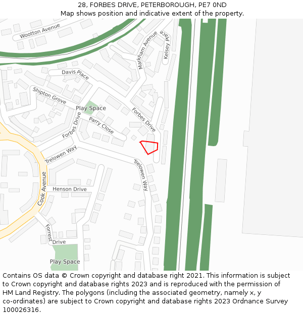 28, FORBES DRIVE, PETERBOROUGH, PE7 0ND: Location map and indicative extent of plot