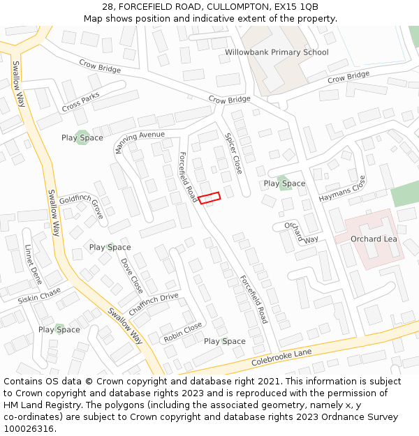 28, FORCEFIELD ROAD, CULLOMPTON, EX15 1QB: Location map and indicative extent of plot