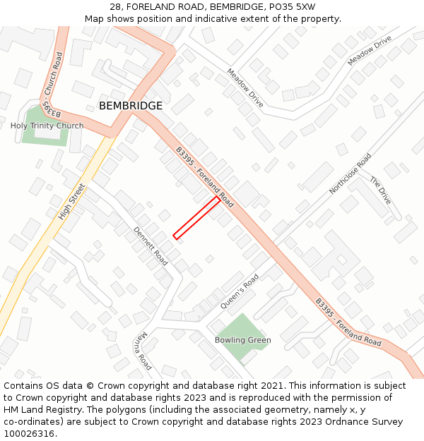 28, FORELAND ROAD, BEMBRIDGE, PO35 5XW: Location map and indicative extent of plot