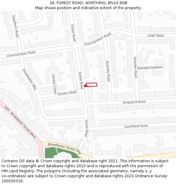 28, FOREST ROAD, WORTHING, BN14 9NB: Location map and indicative extent of plot