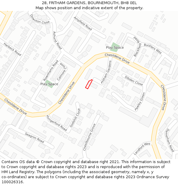 28, FRITHAM GARDENS, BOURNEMOUTH, BH8 0EL: Location map and indicative extent of plot