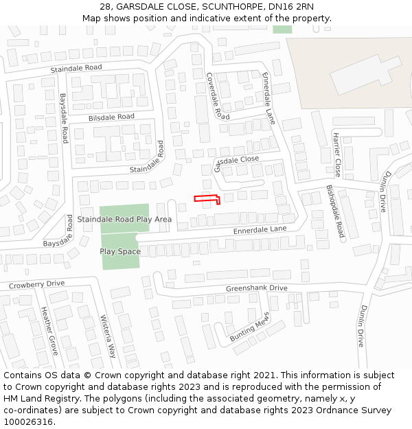 28, GARSDALE CLOSE, SCUNTHORPE, DN16 2RN: Location map and indicative extent of plot