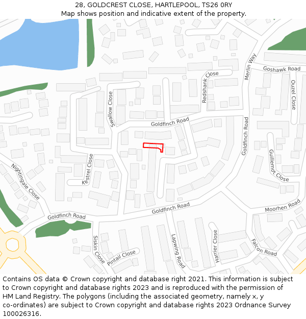 28, GOLDCREST CLOSE, HARTLEPOOL, TS26 0RY: Location map and indicative extent of plot