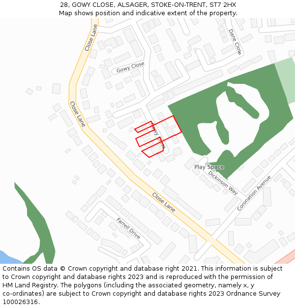 28, GOWY CLOSE, ALSAGER, STOKE-ON-TRENT, ST7 2HX: Location map and indicative extent of plot
