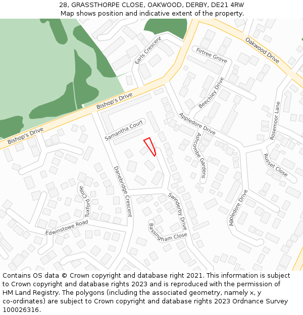 28, GRASSTHORPE CLOSE, OAKWOOD, DERBY, DE21 4RW: Location map and indicative extent of plot