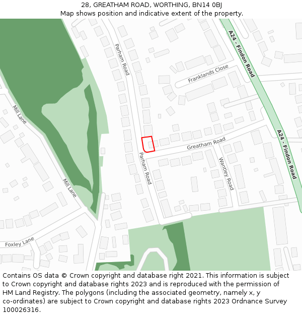 28, GREATHAM ROAD, WORTHING, BN14 0BJ: Location map and indicative extent of plot