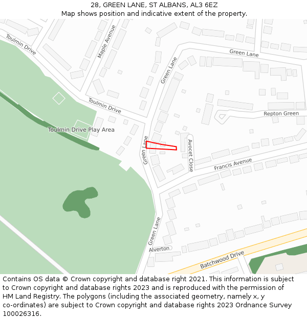 28, GREEN LANE, ST ALBANS, AL3 6EZ: Location map and indicative extent of plot