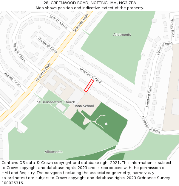 28, GREENWOOD ROAD, NOTTINGHAM, NG3 7EA: Location map and indicative extent of plot