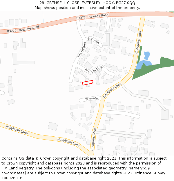 28, GRENSELL CLOSE, EVERSLEY, HOOK, RG27 0QQ: Location map and indicative extent of plot