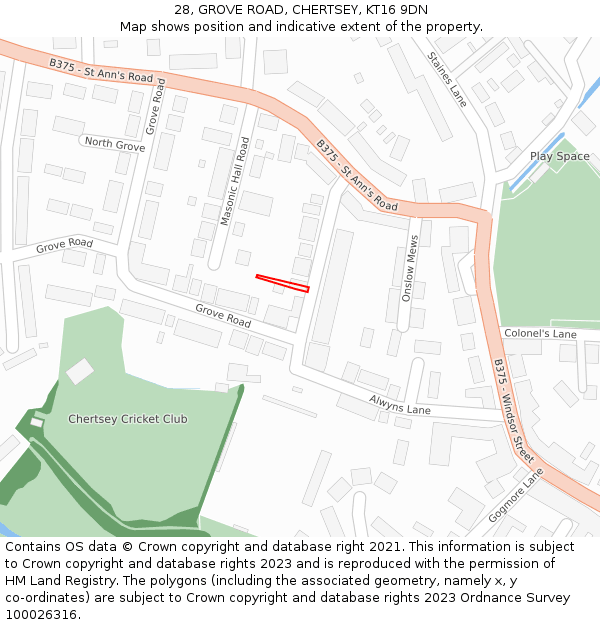 28, GROVE ROAD, CHERTSEY, KT16 9DN: Location map and indicative extent of plot