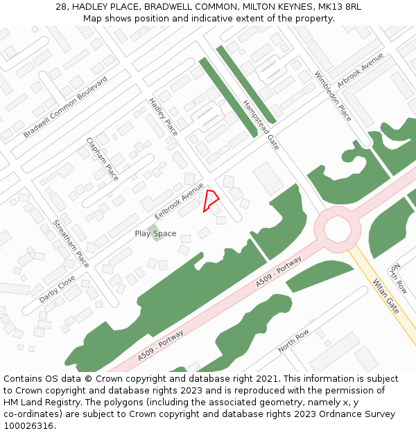 28, HADLEY PLACE, BRADWELL COMMON, MILTON KEYNES, MK13 8RL: Location map and indicative extent of plot