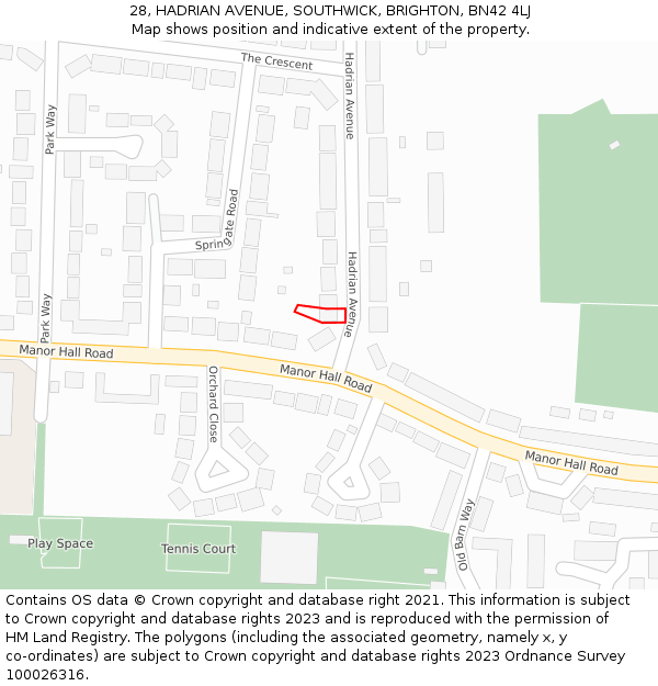 28, HADRIAN AVENUE, SOUTHWICK, BRIGHTON, BN42 4LJ: Location map and indicative extent of plot