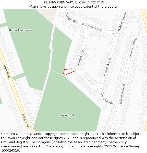 28, HAMPDEN WAY, RUGBY, CV22 7NW: Location map and indicative extent of plot
