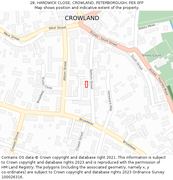 28, HARDWICK CLOSE, CROWLAND, PETERBOROUGH, PE6 0FP: Location map and indicative extent of plot