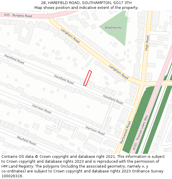 28, HAREFIELD ROAD, SOUTHAMPTON, SO17 3TH: Location map and indicative extent of plot