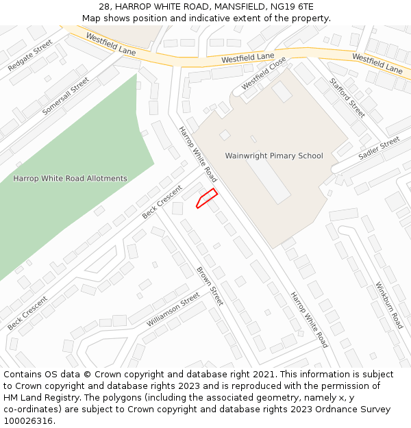 28, HARROP WHITE ROAD, MANSFIELD, NG19 6TE: Location map and indicative extent of plot