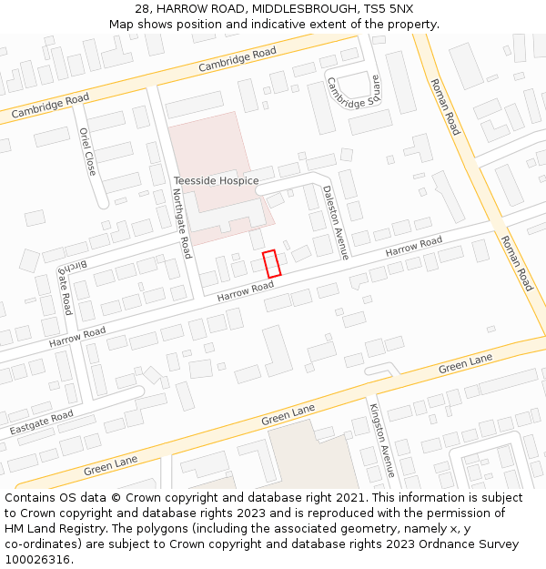 28, HARROW ROAD, MIDDLESBROUGH, TS5 5NX: Location map and indicative extent of plot